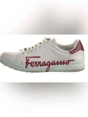 Ferragamo White Leather Sneakers with Red Script Logo